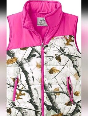 Legendary Deer Gear Pink & White Camo Snow Puffer Vest With Pockets. Sz XL.